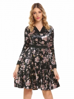 

Black Women Fashion V-Neck Long Sleeve Floral High Waist A-Line Dress, Multicolor