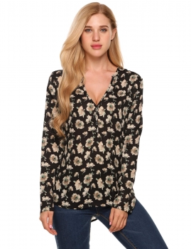 

Black V Neck Long Sleeve Irregular Half Button Up Chiffon Blouse, Multicolor