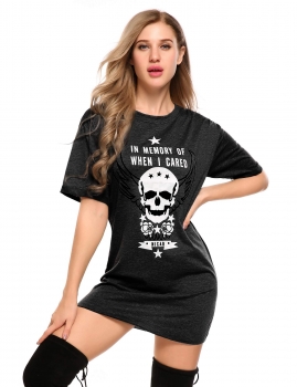

Dark gray Short Sleeve Print Loose O-Neck Mini Dress, Multicolor