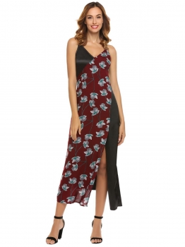 

Wine red Spaghetti Straps Patchwork Back Lace Up Split Asymmetrical Hem Dress, Multicolor