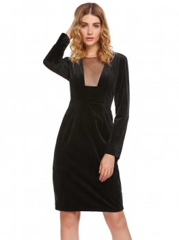 

Black O-Neck Long Sleeve Velvet Mesh Patchwork See Through Dress, Multicolor