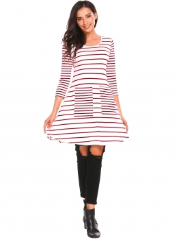

Wine red 3"4 Sleeve Striped Front Pocket Dress, Multicolor