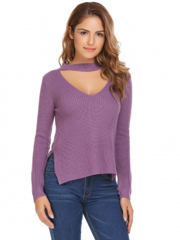 

Light purple Long Sleeve V Neck Solid Loose Pullover Knit Sweaters, Multicolor