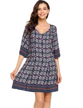 

Navy blue V-Neck 3"4 Sleeve Print Flared A-Line Dress, Multicolor