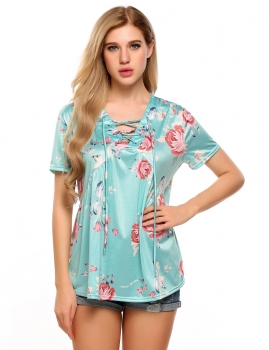 

Blue Floral V-Neck Short Sleeve Front Lace-up Loose Tops, Multicolor