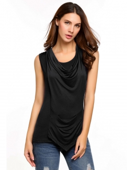 

Black Solid Cowl Neck Sleeveless Ruched Slim Fit Tank Tops, Multicolor