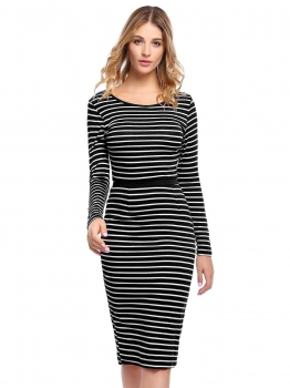

Black Long Sleeve Striped Bodycon Slim Dress, Multicolor