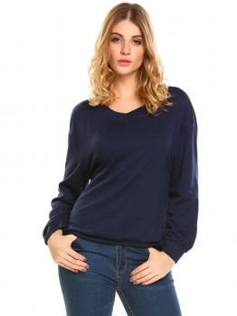 

Dark blue Women V-Neck Long Sleeve Solid Casual Loose Pullover Sweatshirt, Multicolor