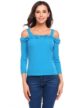 

Blue Women Cold Shoulder 3"4 Sleeve Ruffles Slim Fit Ribbed Knitted Casual Tops, Multicolor