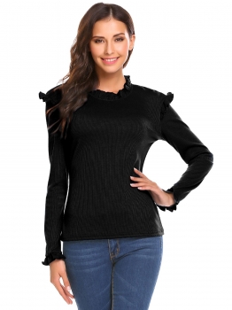 

Black Women Long Sleeve Ruffles Solid Slim Fit Knit Pullover Sweater, Multicolor