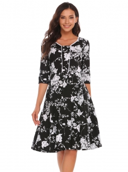 

Black Vintage Style V-Neck Floral Swing Dress, Multicolor