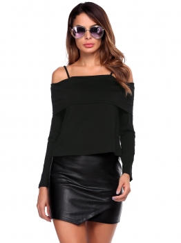 

Black Women Long Sleeve Spaghetti Straps Cold Shoulder Solid Slim Pullover T-Shirt, Multicolor