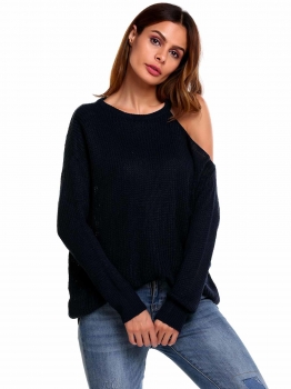 

Navy blue Long Sleeve One Shoulder Solid Loose Pullover Sweaters, Multicolor