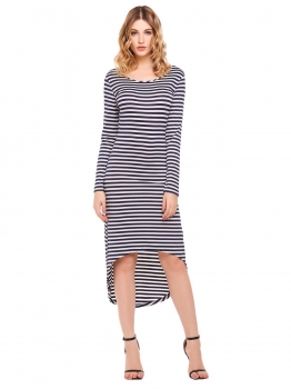 

Blue Long Sleeve Striped High-low Maxi Dress, Multicolor