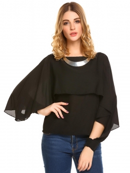 

Black Women Batwing Sleeve Loose Chiffon Poncho Blouse Tops, Multicolor