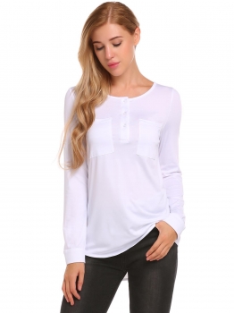 

White Solid Round Neck Button Front Cuffed Sleeve Tops, Multicolor
