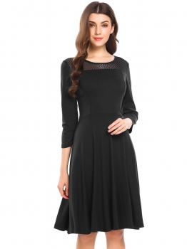 

Black Women 3"4 Sleeve Hollow Net Patchwork Fit and Flare Casual Party Dress, Multicolor
