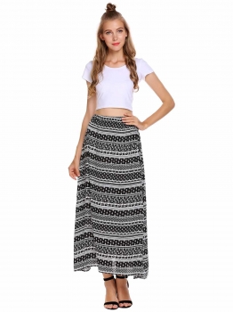 

Black Elastic Waist Print Casual Loose Beach Skirts, Multicolor