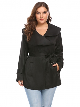 

Black Women Plus Size Lapel Long Sleeve Short Trench Coat with Belt, Multicolor