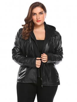 

Black Women Plus Size Solid Hooded Long Sleeve Faux-Leather Jacket, Multicolor