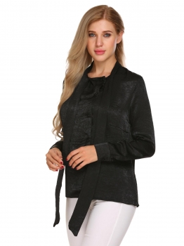 

Black Long Slevee Tie-bow Neck Button Down Shirts Solid Slim Tops, Multicolor