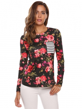 

Black Floral Back Striped O-Neck Long Sleeve Tops, Multicolor