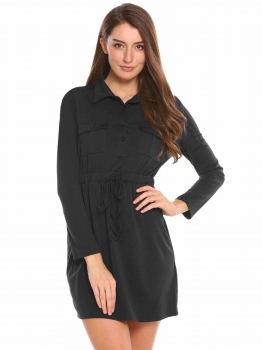 

Black Long Sleeve Drawstring Dress with Pocket, Multicolor