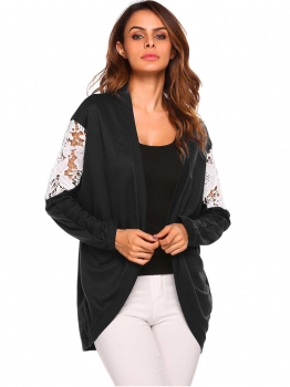 

Black Batwing Sleeve Hollow Lace Patchwork Open Front Irregular Cardigan, Multicolor