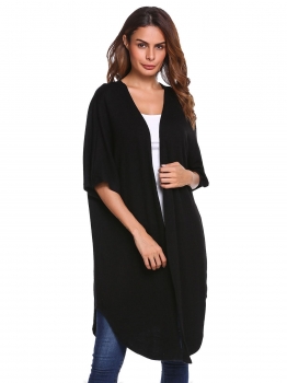 

Black Batwing Sleeve Open Front Solid Asymmetrical Long Knitted Cardigan, Multicolor