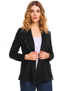 

Black Solid Lapel Long Sleeve Side Zip Asymmetric Slim Fit Pocket Coats, Multicolor