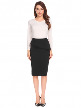 

Black Women Casual Ruffles Elastic Waist Solid"Printed Side Split Pencil Skirt, Multicolor