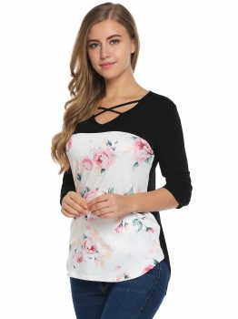 

Black Criss Cross V-Neck Long Sleeve Floral Print Tops, Multicolor