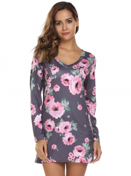 

Gray Floral Print V-Neck Long Sleeve Long Tops, Multicolor