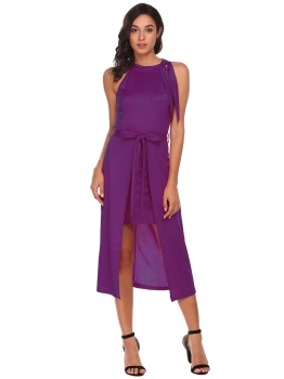 

Purple Sleeveless Tie-Bow Neck Fit Club Party Evening Midi Dress with Belt, Multicolor