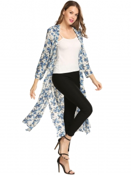 

Floral Print Beach Long Sleeve Open Front Split Long Smock, Multicolor