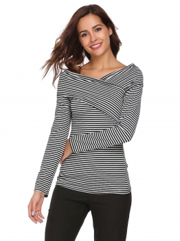 

Black Long Sleeve V Neck Striped Slim Fit Tops, Multicolor