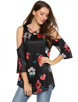 

Black Floral Print Cold Shoulder Flare Sleeve O Neck Loose Tunics, Multicolor