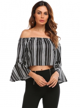 

Black Long Sleeve Off the Shoulder Striped Chiffon Tops, Multicolor