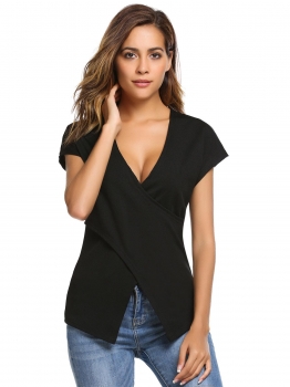 

Black Cap Sleeve V Neck Solid Slim Crossover Tops, Multicolor