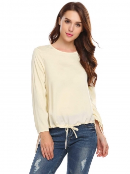 

Apricot Women Long Sleeve Solid Drawstring Hem and Cuffs Loose Blouse T-shirt, Multicolor