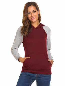 

Wine red Women's Hooded Contrast Color Casual Slim Pullover Hoodie, Multicolor