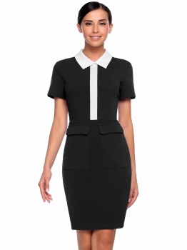 

Black Formal Short Sleeve Knee Length Solid Turn Down Collar Pencil Work Business Dress, Multicolor