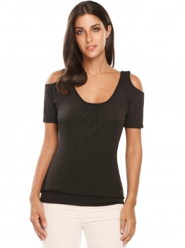 

Black Solid Cold Shoulder O-Neck Short Sleeve Tops, Multicolor
