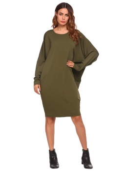 

Army green Solid Long Bat Sleeve O-Neck Dress, Multicolor