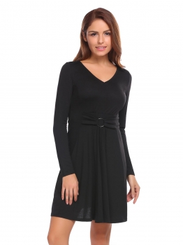 

Black V-Neck Long Sleeve High Waist Solid Dress, Multicolor