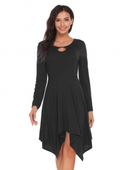 

Black Women Fashion O-Neck Long Sleeve Solid Loose Asymmetry Hem Keyhole A-Line Dress, Multicolor