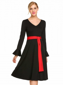 

Black V-Neck Long Flare Sleeve Solid Loose A-Line Dress, Multicolor