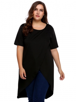 

Black Women Fashion Plus Size O-Neck Short Sleeve Solid Loose Asymmetry Hem Tops, Multicolor