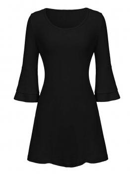 

Black O-Neck Long Trumpet Sleeve Solid Dress, Multicolor