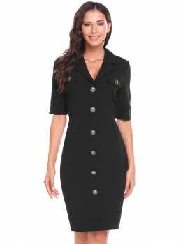

Black Vintage Style Half Sleeve Solid Navy Style Slim Business Bodycon Casual Dress, Multicolor